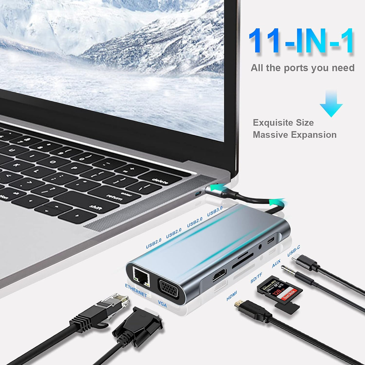 6-in-1 USB C Hub Adapter With HDMI, VGA, USB Ports & Card Reader - Laptop Connectivity Dock