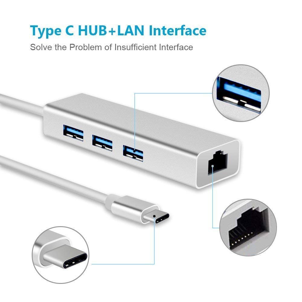 Type Lan Connector R Type-C USB C to LAN Adapter with 3.0 USB HUB 3 Port RJ45 Gigabit Ether ...